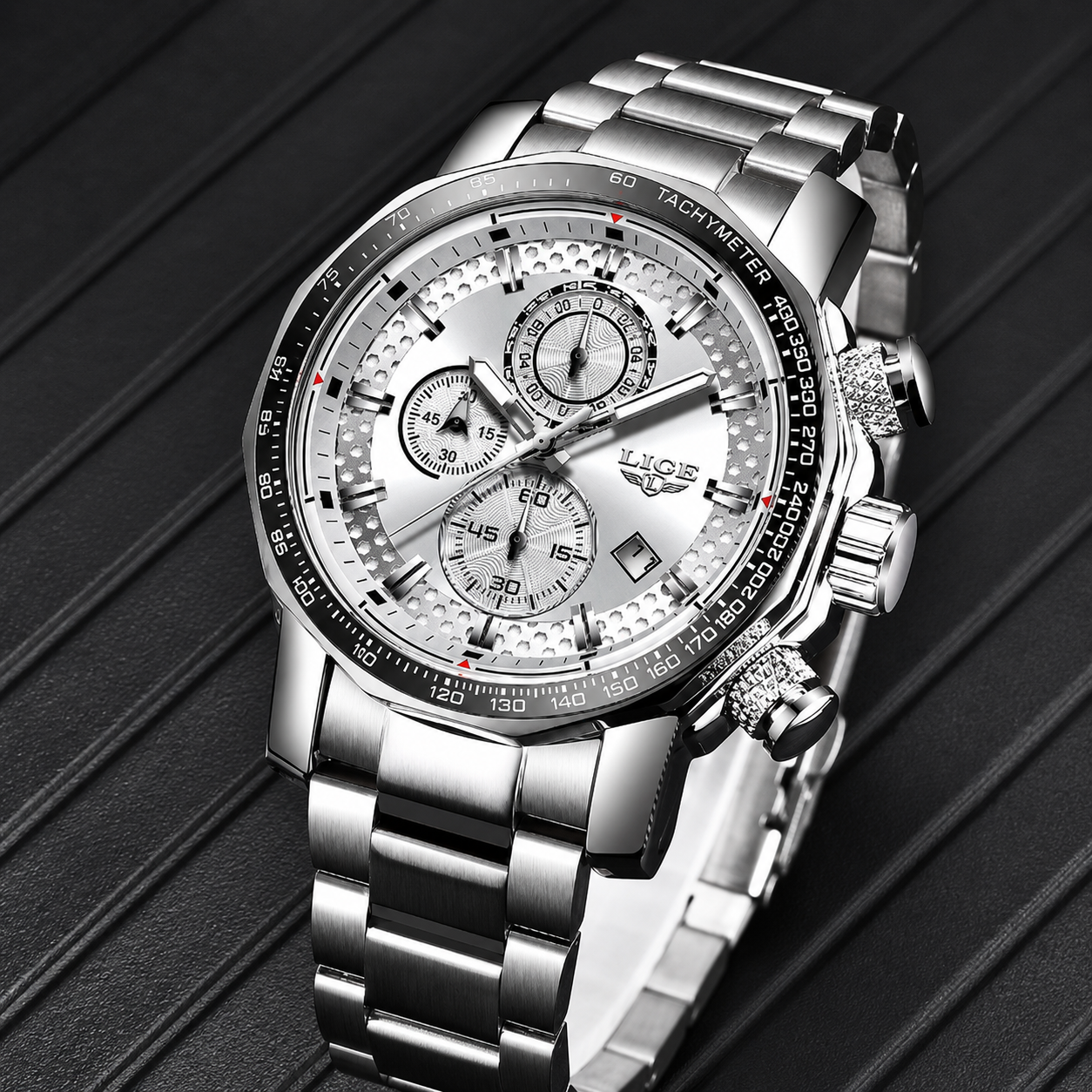 Luxury silver watch on textured background